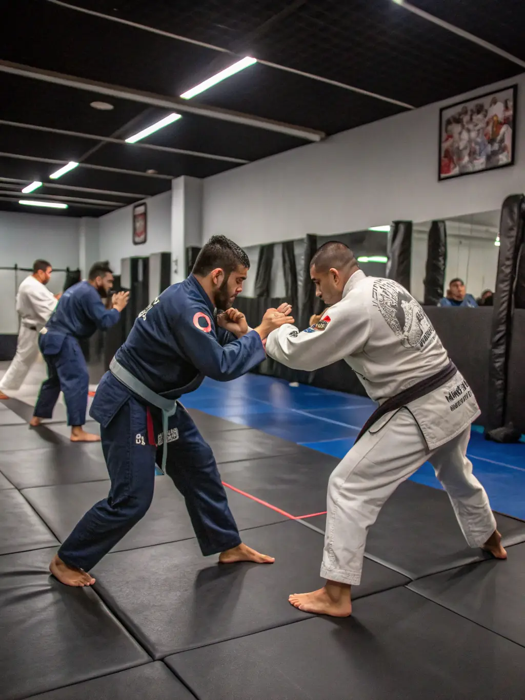 A photo of students practicing grappling techniques, emphasizing the intensity and skill involved in the sport.