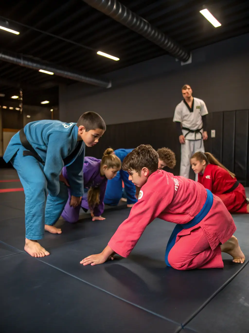 A dynamic image of students practicing Brazilian jiu-jitsu in a well-lit training dojo, showcasing technique and camaraderie.