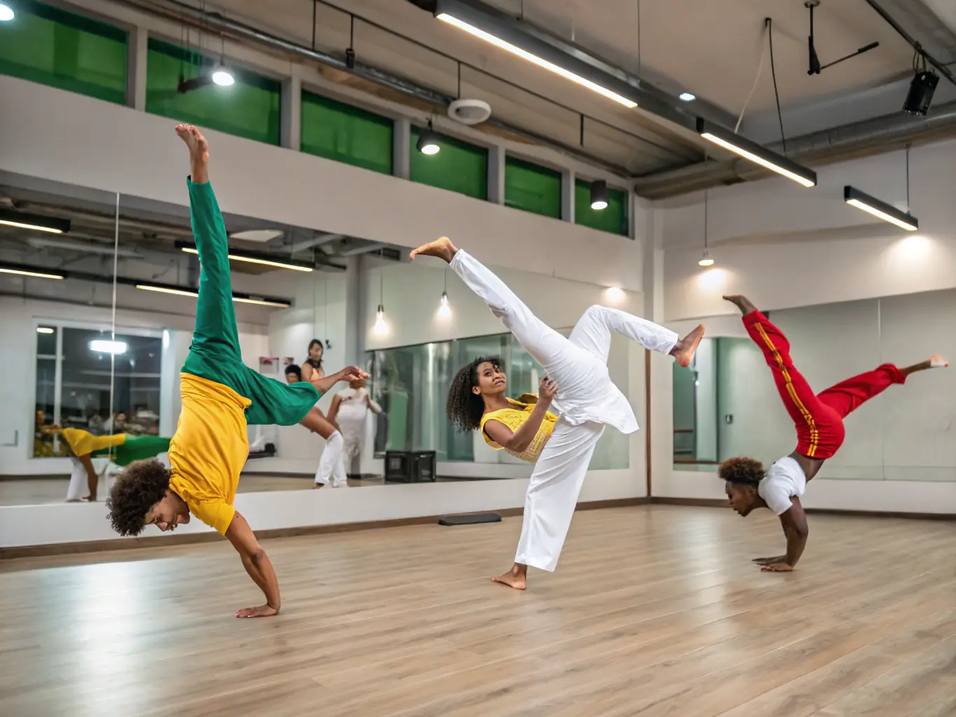 A group of individuals participating in a capoeira session outdoors, demonstrating the blend of martial arts, acrobatics, and music.